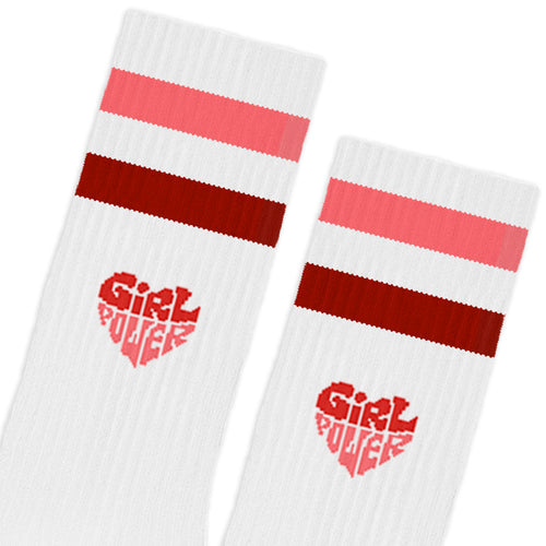 Casual Baumwollsocken 'Girl Power': weiß mit roten und rosa Streifen, technisches Design und nahtlos.