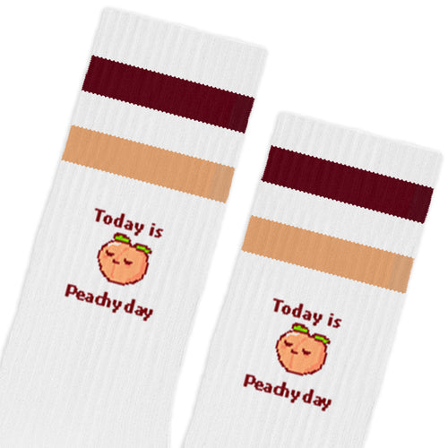 Baumwollsocken Today is peachy day, Pfirsichdesign, burgunder- und beigen Streifen, lässig/Lifestyle.