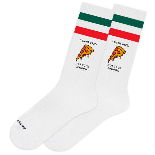 Casual Baumwollsocken, Pizzadesign, Farben Weiß, Grün und Rot, technische nahtlose Ausführung.
