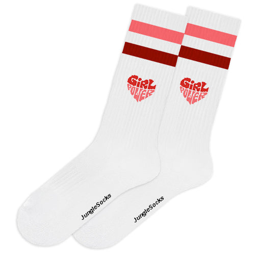Casual Baumwollsocken 'Girl Power', Design in Weiß mit rosa/roten Streifen, technisch und nahtlos.