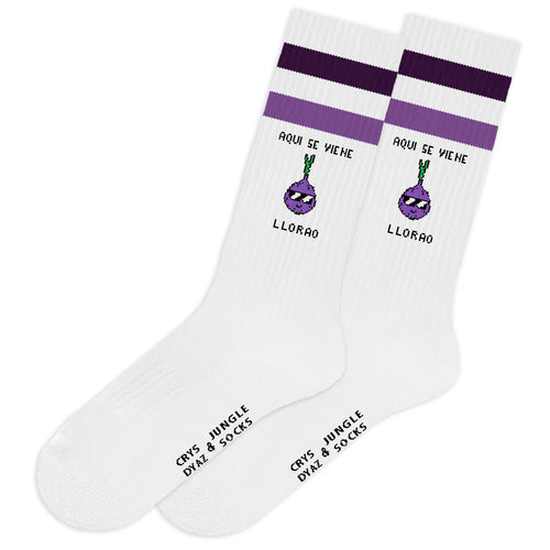 Weiße Baumwollsocken mit lila Design, technisch und nahtlos, Hier kommt das Weinen.