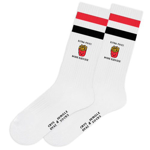 Weiße Baumwollsocken mit Pommes Frites Design, roten und schwarzen Details, technisch und nahtlos.
