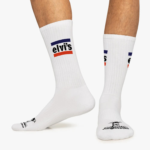 Weiße Baumwollsocken mit blau-rotem Elvis-Design, lässiger Stil, technisch und nahtlos.
