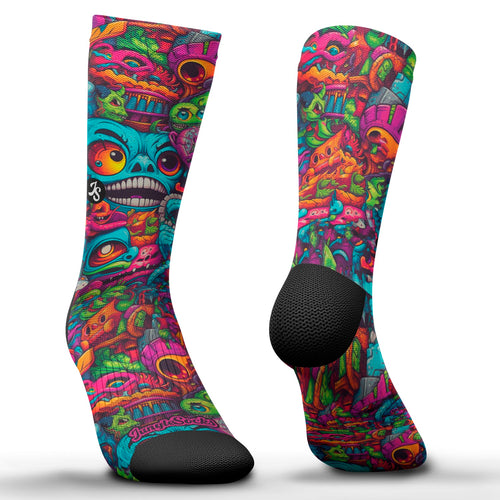 Nahtlose technische Crossfit-Socken, farbenfrohes Design mit verrückten und lebhaften Gesichtern für maximale Strapazierfähigkeit.