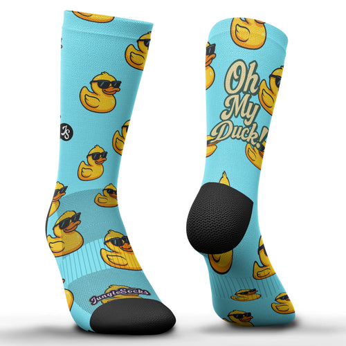 Technische Crossfit-Socken, Design mit gelben Enten mit Brille auf blauem Hintergrund, nahtlos.