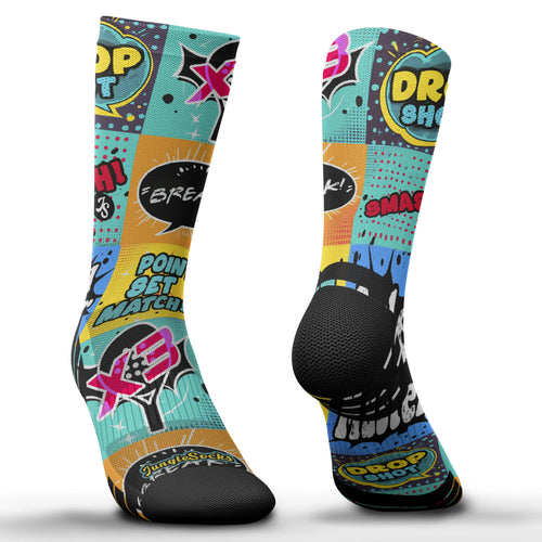 Technische Padel-Socken, farbenfrohes Comic-Design, nahtlos. Ideal für Grip und Stopps.