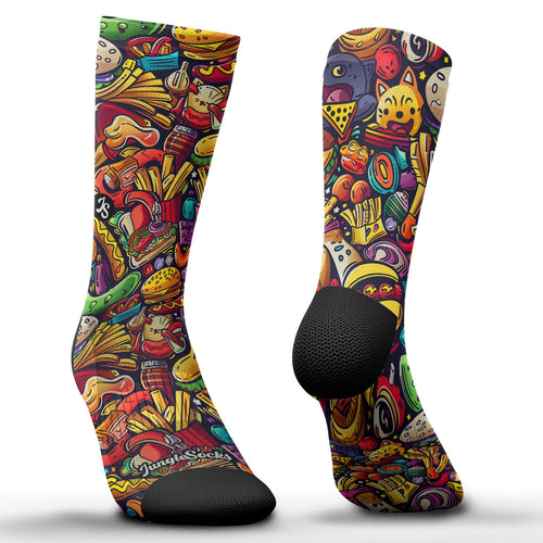 Nahtlose technische Crossfit-Socken, farbenfrohes Fast-Food-Design, Widerstand und Schutz.