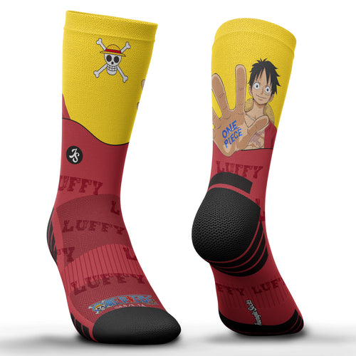 One Piece Socken Luffy Red: halbhohe rot-gelbe Funktionssocken mit Luffy und dem Jolly Roger
